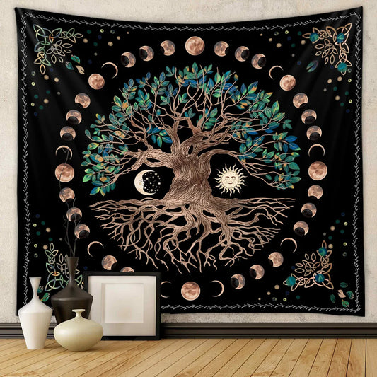 Black Background Polyester Nature Mysterious Garden Of Eden Green Tree of Life Forest-Sun-Beige Moon Spiritual Wall Hanging Tapestries/Colors-Green/Black/Beige