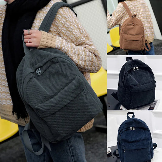 Women Softback Corduroy Interior Zipper Pockets Polyester Mochila Striped Rucksack Backpack Bags/Colors-Gray/Brown/Navy/Black/Blue/White