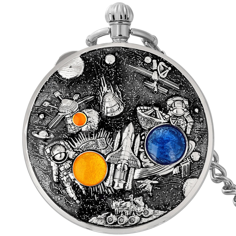 YISUYA Adults Men Quartz Acrylic Face Round Case Analog Display Black Background Gold Planets-Stars-Astronaut-Space Capsule-Shuttle-Satellites-Lunar Roving Vehicle Two Orange-Dark Green Stones Chain-Pocket Watches