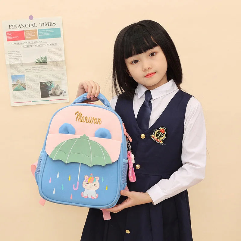 Kids Kindergarten Waterproof Blue Nylon Fabric Exterior Front Flap Pocket 3D Cartoon Animal Umbrella Design Personalized Embroidered Name  Zipper Polyester Lining Straps-Handle School Backpacks/ Phone Pocket/Colors-Pink/Blue/Multicolor