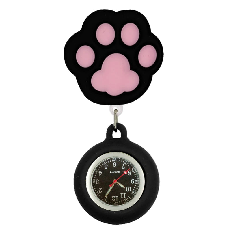 No-EN-Name-Null Adults Waterproof Cartoon Pink Big Cat Paw Metal Alloy Case Arabic Numeral Analog Display Clip-On Nurses-Doctors Fob Hanging Pocket Watches/Colors-White-Black Cat Heads/Yellow-Black-Pink Paws