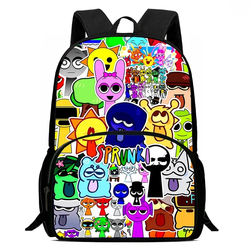 MINISO Kids Waterproof Nylon Fabric 3D Digital Print Cartoon Anime Music Box Sprunky Kids Full Mode Curved Back School Backpacks/Lunch Bag-Pencil Bag/Exterior Pockets/Laptop Compartment/Colors-White/Black/Blue/Multicolor