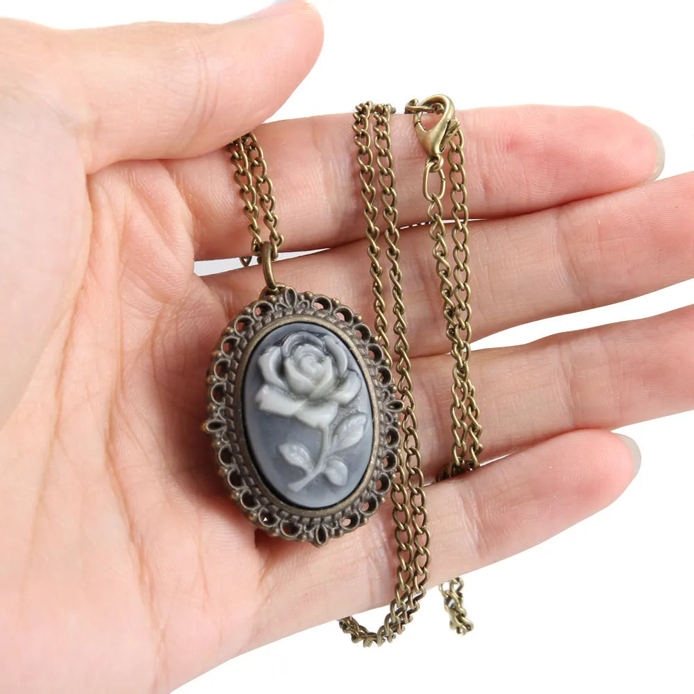 JEWATCHYER Adult Women Vintage Metal Alloy Oval Shaped Quartz Arabic Numeral Analog Display Floral Cameo Carved Rose Bronze Necklace Chain-Pocket Watches