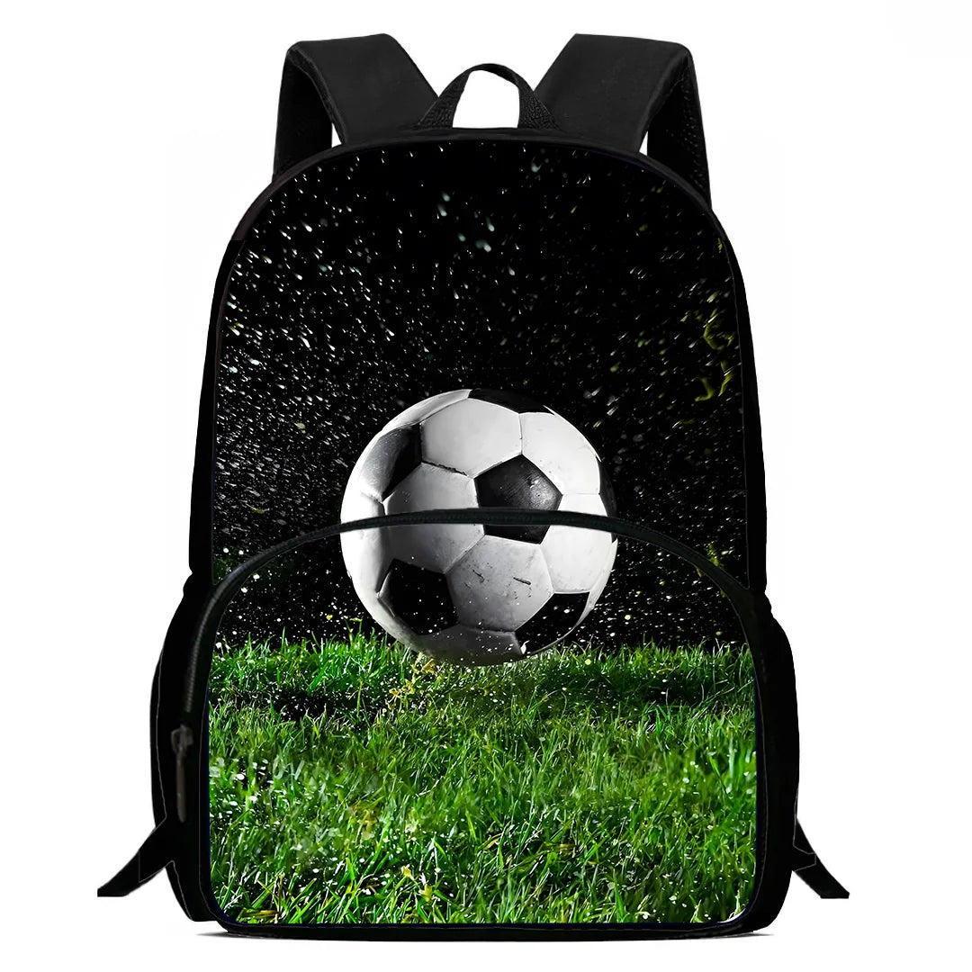 MINISO Kids 3 PCS Large Waterproof Nylon Fabric Zippers Exterior Pockets Printed-Burning Flames Soccer Ball Design Curved Back Shoulder Straps-Handle Sports IPAD Compartment School Backpacks/Color-Black/White/Blue/Multicolor