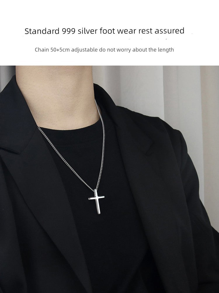 Adult Men Fine Imitation Sterling Silver Metal Polished The Light Of Faith Cross Pendant Chain Necklaces