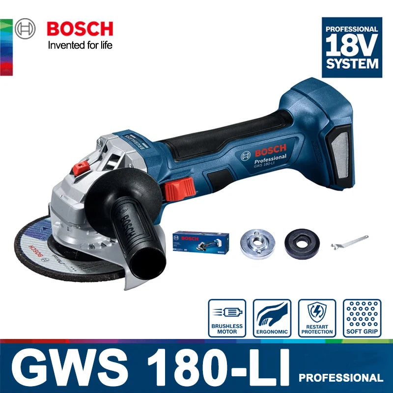 BOSCH Professional Grade Handheld Battery-Powered Blue-Gray-Black Body Silver Safety Guard 18V GWS 180-LI Model Cordless Rechargeable Brushless Portable Angle Grinders
