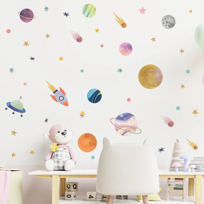 HEATBOYWADE Kids 4 PCS Creative Multicolor Plastic Self-Adhesive Removable Creative Cartoon Universe Planets Space Home Decor Wall Decals Sets /Colors-Multicolor