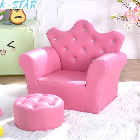 K-STAR Waterproof Children's Korean Style Crown Solid Wood Frame Chairs/ Footstool/Colors-Pink/Yellow/Green/Blue/Red/Brown