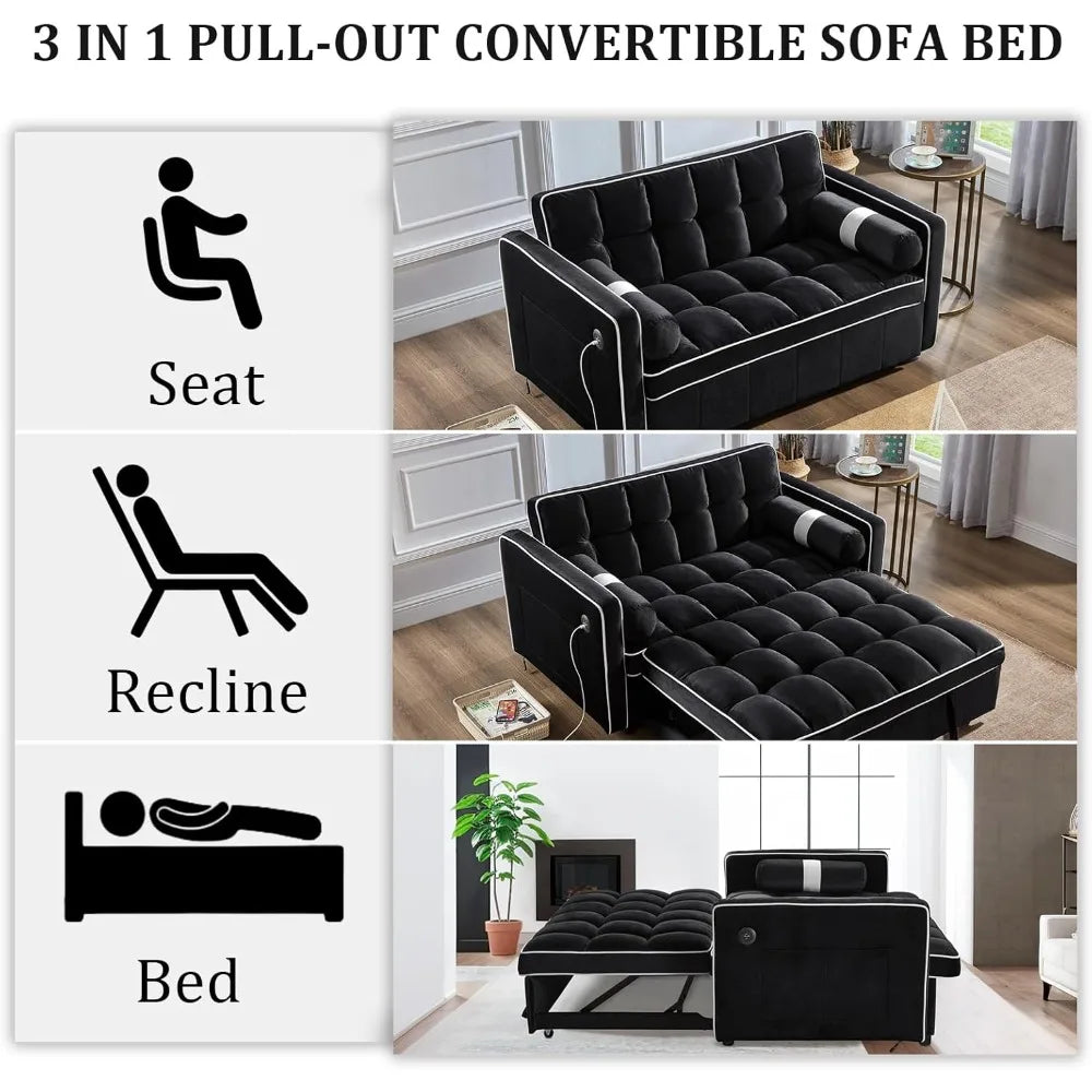 No-EN-Name-Null 3-In-1 Medium Soft Adjustable Backrest Pull Out Black Tuft-White Trim Soft Velvet Fabric Metal Frame Convertible Seat-Recliner-Sleeper Bed Sofas/2 USB Ports /2 Pillars /2 Pockets/Colors-Black Tuft/Gray Tuft/Light Gray Tuft/