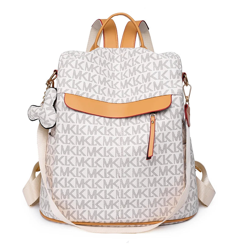 Cartoon trend bear print women backpack, texture anti-theft all-in-one travel backpack, playful bear hanging ornaments