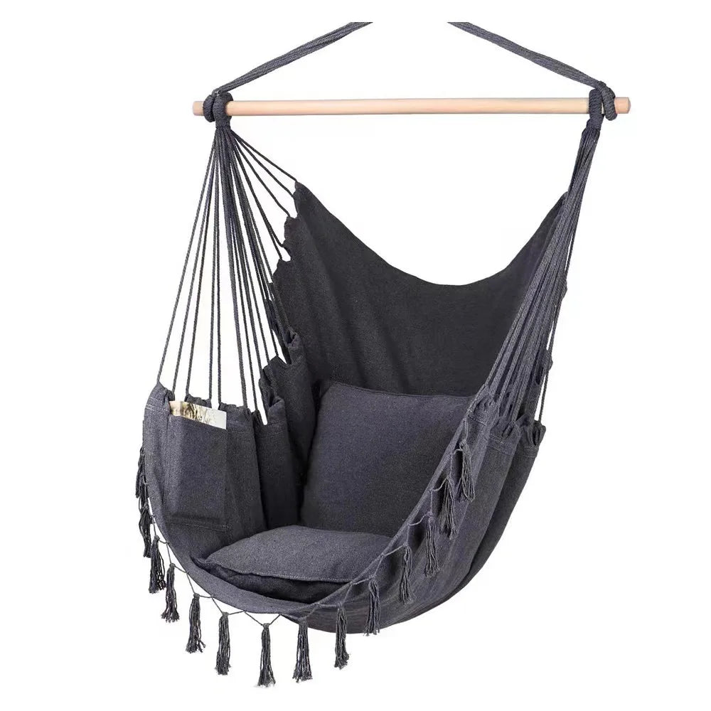 Retro Cotton Weaved Hammock Hanging Swing Chair/ 2 Cushions / Large Pocket/Weight Max 500 lbs/Colors-Black/White/Gray/Beige/Multicolor