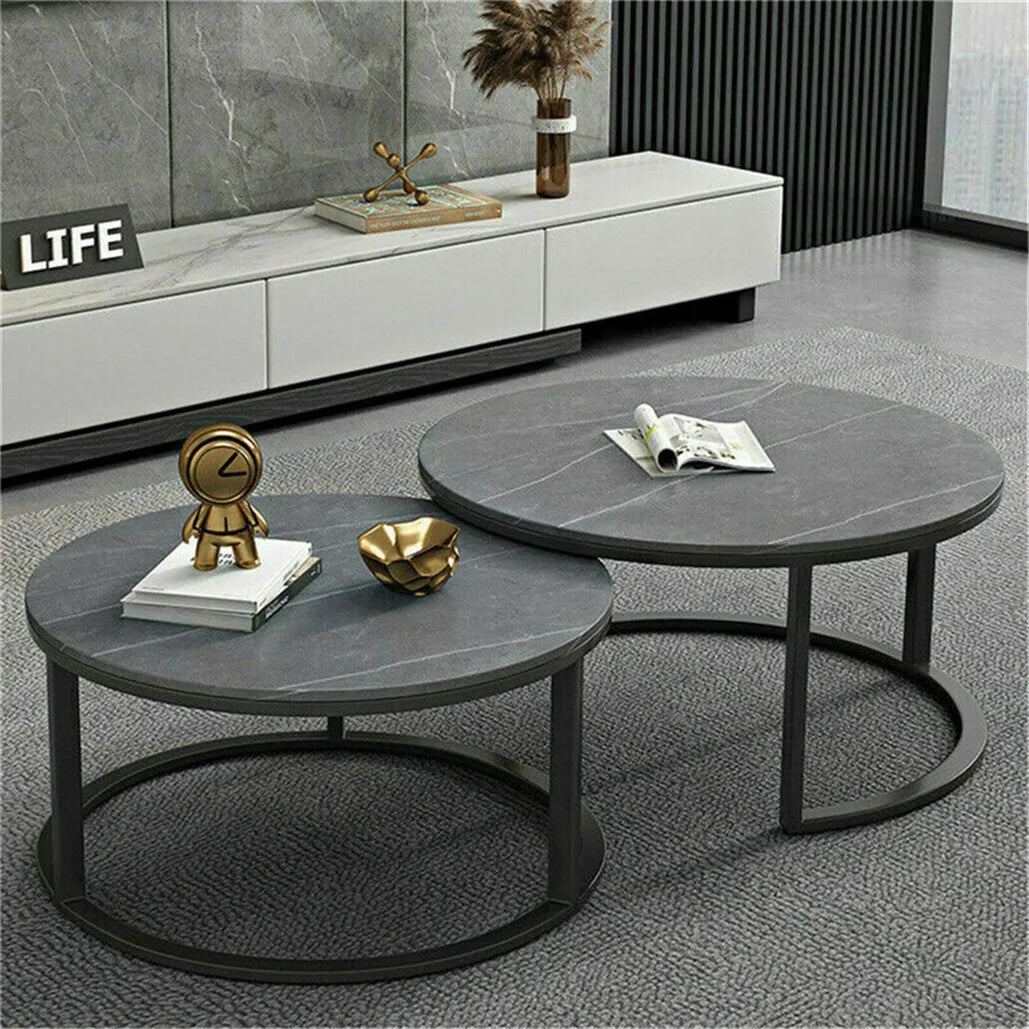 No-EN-Name-Null Modern Round Dark Gray Marble Top Black Iron Metal Base Two Nesting Coffee Tables/Small Table Size: Width 60 cm/23.6 Inches x  Height 40 cm /15.7 Inches/Large Table Size: Width 80 cm /31.5 inches x Height 45 cm /17. 7 inches