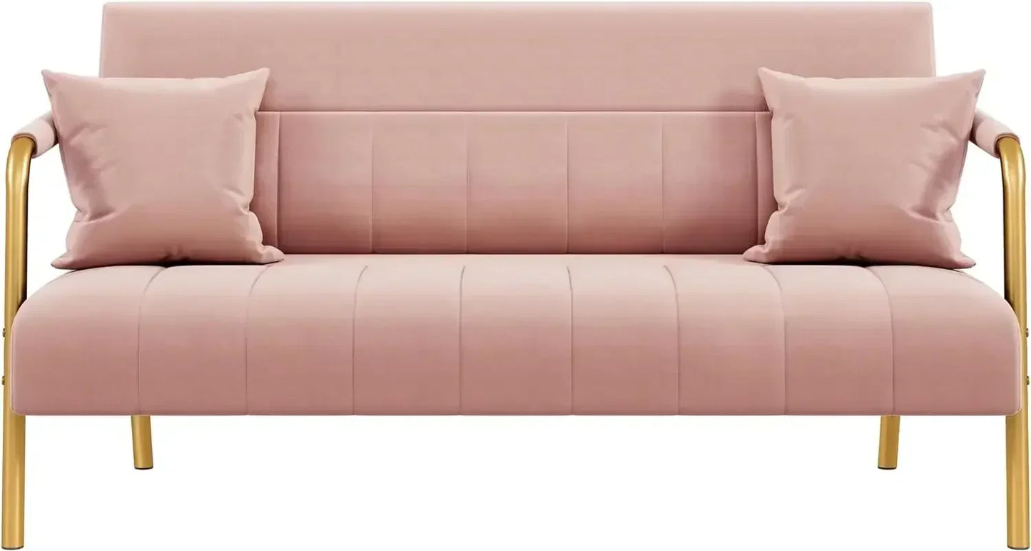 No-EN-Name-Null Modern Gold-Tone Iron Metal Padded Armrests-Legs Pink Soft Polyester Fabric Thick Cushion 2-Seater Loveseat Sofas/Colors-Green/Pink/Light Gray/Two Matching Pink Pillows/Weight Max : 600 LBS