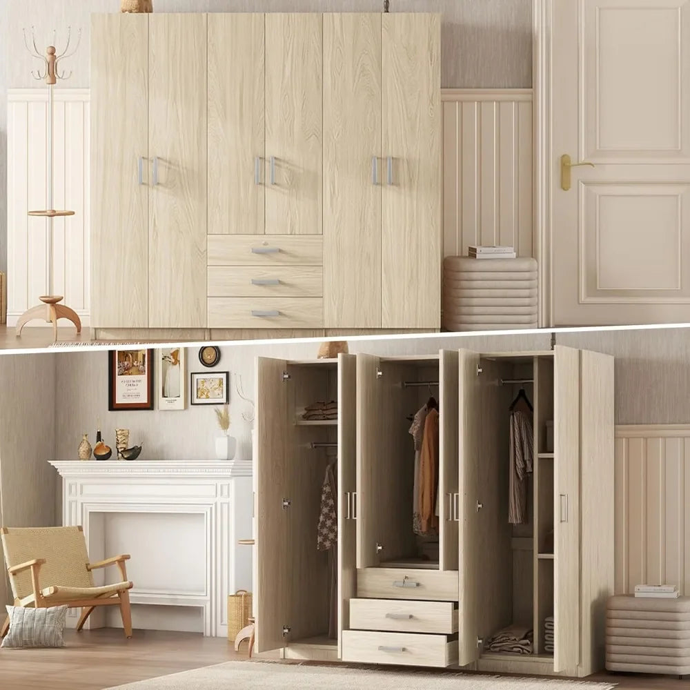 TONGYUE Modern Beige Large Six Doors Three Drawers MDF Wood Triple Wardrobes /Colors-Beige/Brown/White/Gray/ Dimensions: 19.2"D x 70.9"W x 68"H