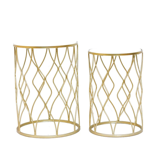 2 pcs Small Round Metal Gold Mirrored Top Surface End Tables/Sizes: 16.14 x 16.14 x 22inch/13.38 x 13.38 x 20inch