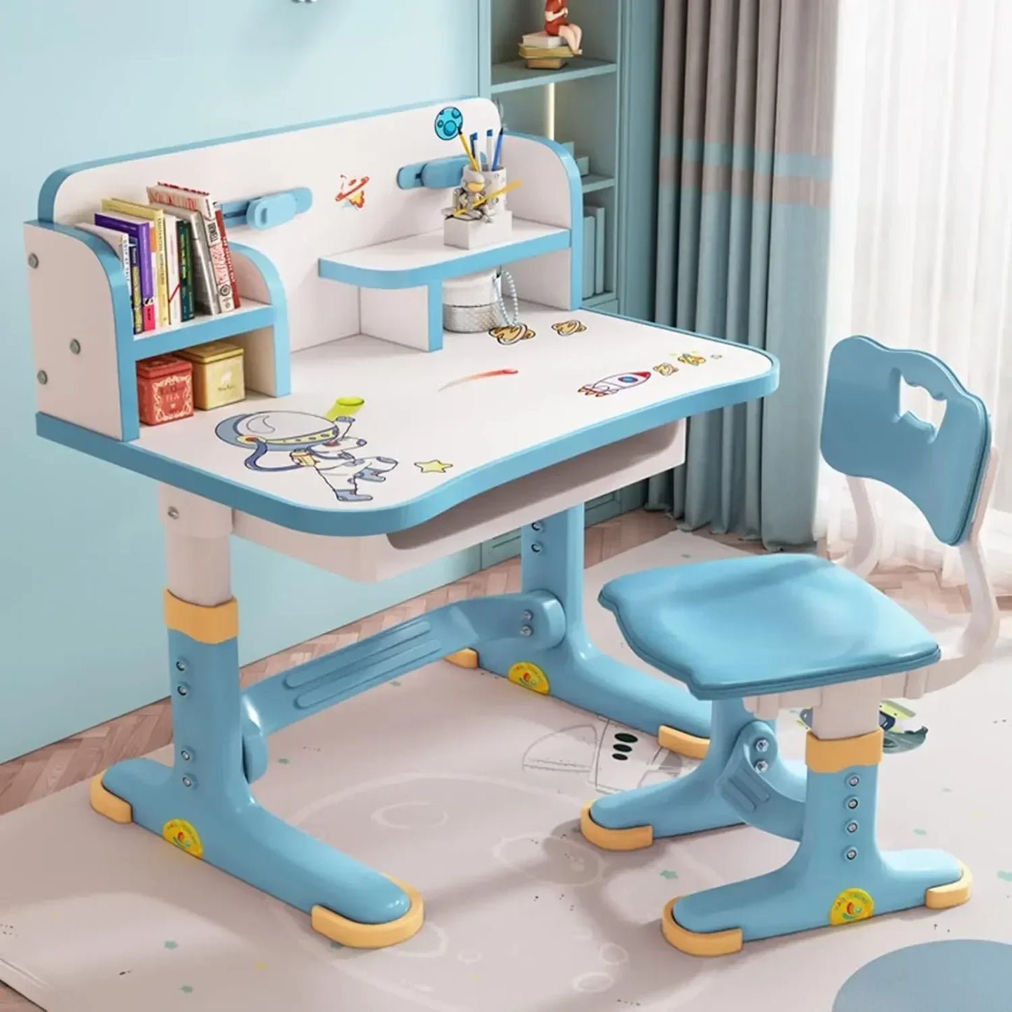 No-EN-Name-Null  Modern Kids Waterproof Wear-Scratch-Resistant Surface White-Pink Trim Rectangle Shaped Adjustable Shelves Steel Metal Frame Round Curved Corners Study Desk-Chair Sets/Storage Options /Drawers/Colors-Pink/Blue/White/Yellow