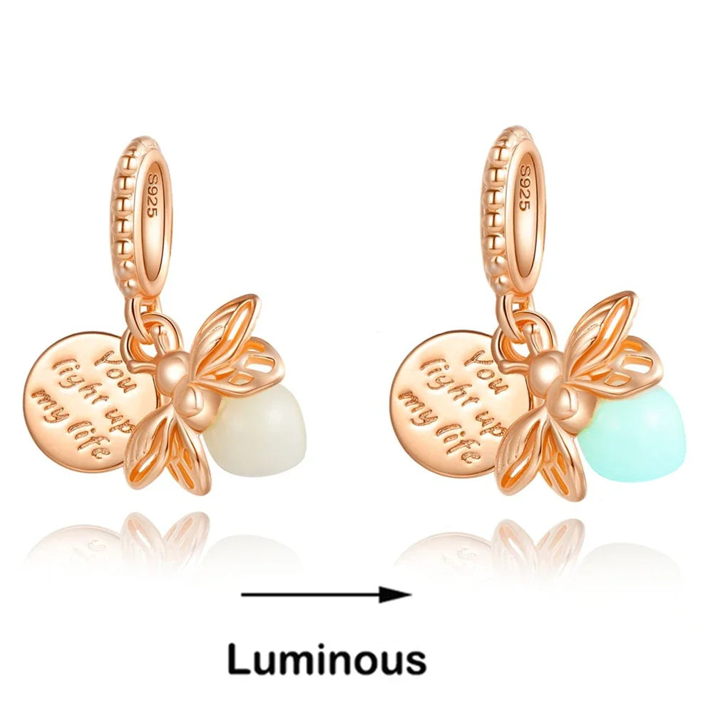 925 Sterling Silver Firefly Charms Beads Glow in The Dark Pendant Fit Original Bracelet Fine Jewelry Love Gifts Diy for Women