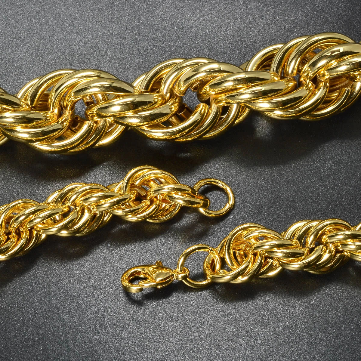 SNY Adults Unisex Fine Imitation Classic Geometric Gold Hip-Hop Punk Copper Metal Fried Dough Twist Interwoven Round Necklace-Bracelet-Big Long Twisted Interwoven Earrings  Jewelry Sets