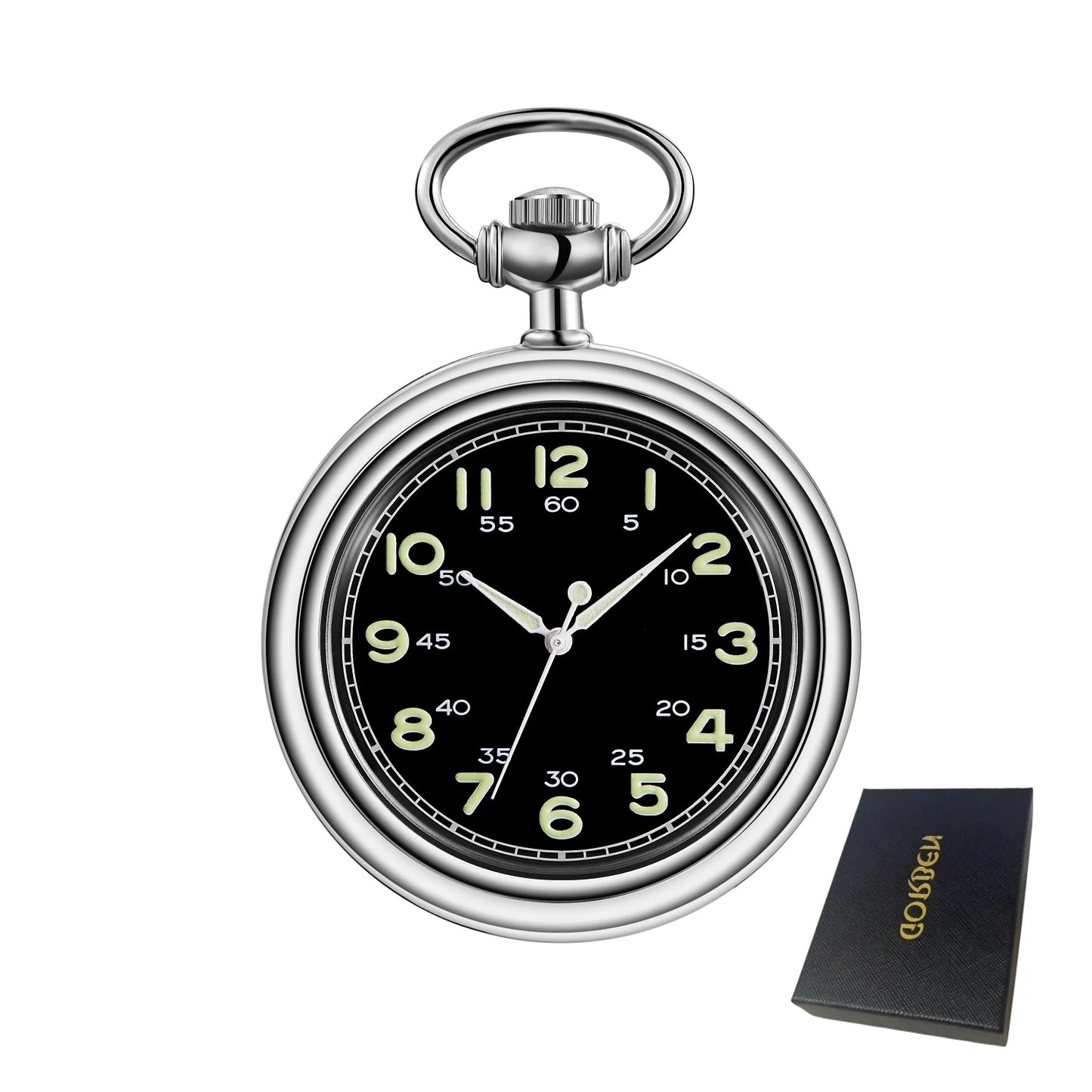 GORBEN Adults Gold Metal Alloy Round Hollow Open Face Arabic Numerals Luminous Hand Wind Black Face Glowing-In-Dark Numbers Pendant Chain-Pocket Watches/Colors-Black/Silver/Gold/Optional: With Wood Box-Without