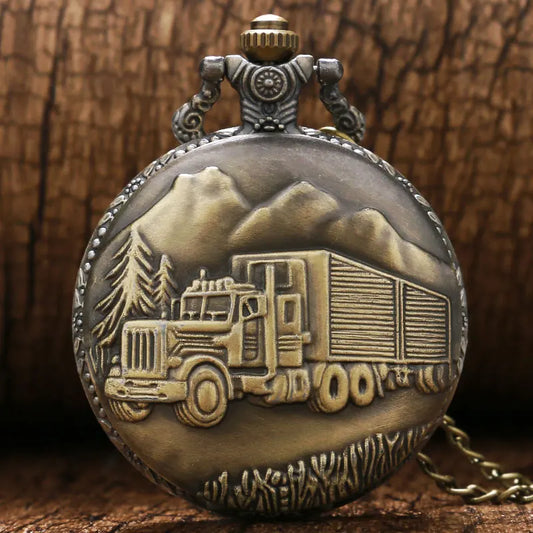 WECIN Adult Men Vintage Bronze Round Shaped Flip-Out Case Analog Display Glass Face Classic Old Kenworth Trucker Design Quartz Pendant Chain-Pocket Watches