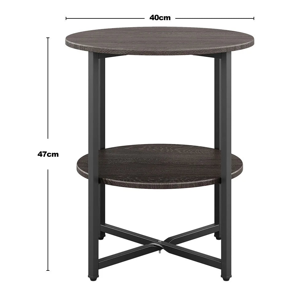 LIVING AND HOME Modern 2 Tier Small Round Shaped Brown Walnut Wood Top Compact Black Iron Metal Frame End Tables /Black Iron Base/ 40cm Table Top