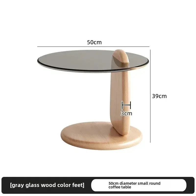No-EN-Name-Null 2 PCS Modern Brown-Gray Thick High Tempered Glass Round Shaped Tops Solid Oak Rubberwood Three-Legged Design Coffee Table Sets/Easy To Clean/Colors-Gray Glass Tops/Brown Glass Tops