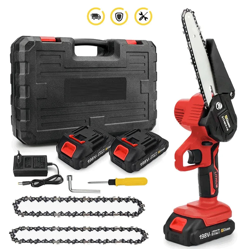 No-EN-Name-Null Outdoor ABS Plastic Red-Black Body Non-Slip Soft Rubber Handle Rechargeable Battery-Powered Wood-Cutting Cordless Electric Mini Handheld Metal Chainsaws/Colors-Red/Blue/Black/Gray/Multicolor