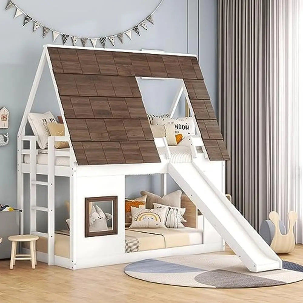 DUTRIEUX Modern Rustic Painted White-Brown Pine Wood Playhouse Shaped Framework Ladder On The Side Slide In Front Twin Low Bunk Beds-Bed Frames Sets /Weight Max: 400 LBS/Slats Included