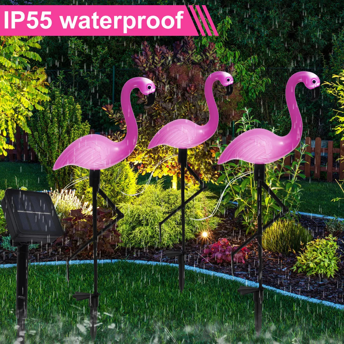 GHOPY 1-3 PCS Waterproof Solar-Powered Pink Flamingo Plastic Body Black Bent Long Legs Shaped Dimmable Stake Landscape Pathway Lighting Sets/Bulbs Included