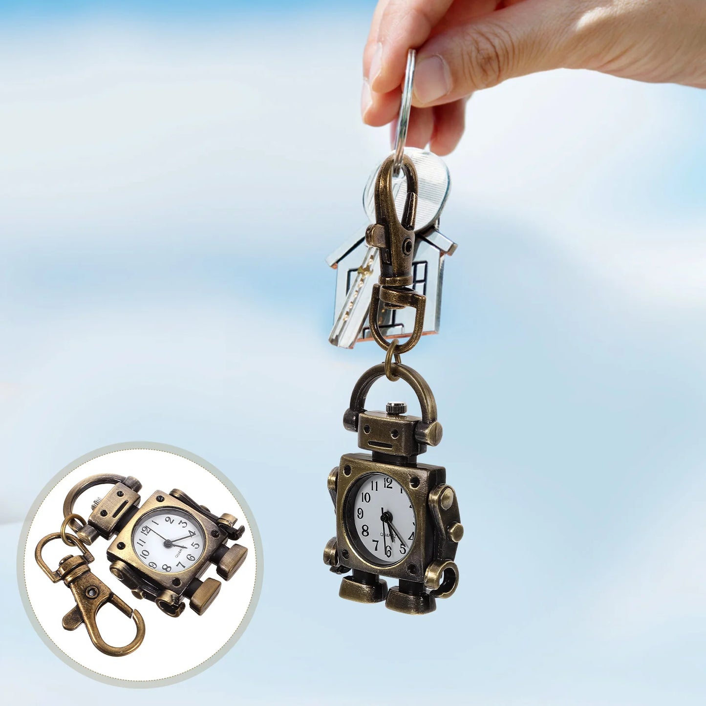 No-EN-Name-Null Adults Digital Movement Analog Display Bronze Metal White Face Black Numbers Cute Buckle Robot Shaped Hanging Keychain Watches/Colors-Bronze/White/Brown