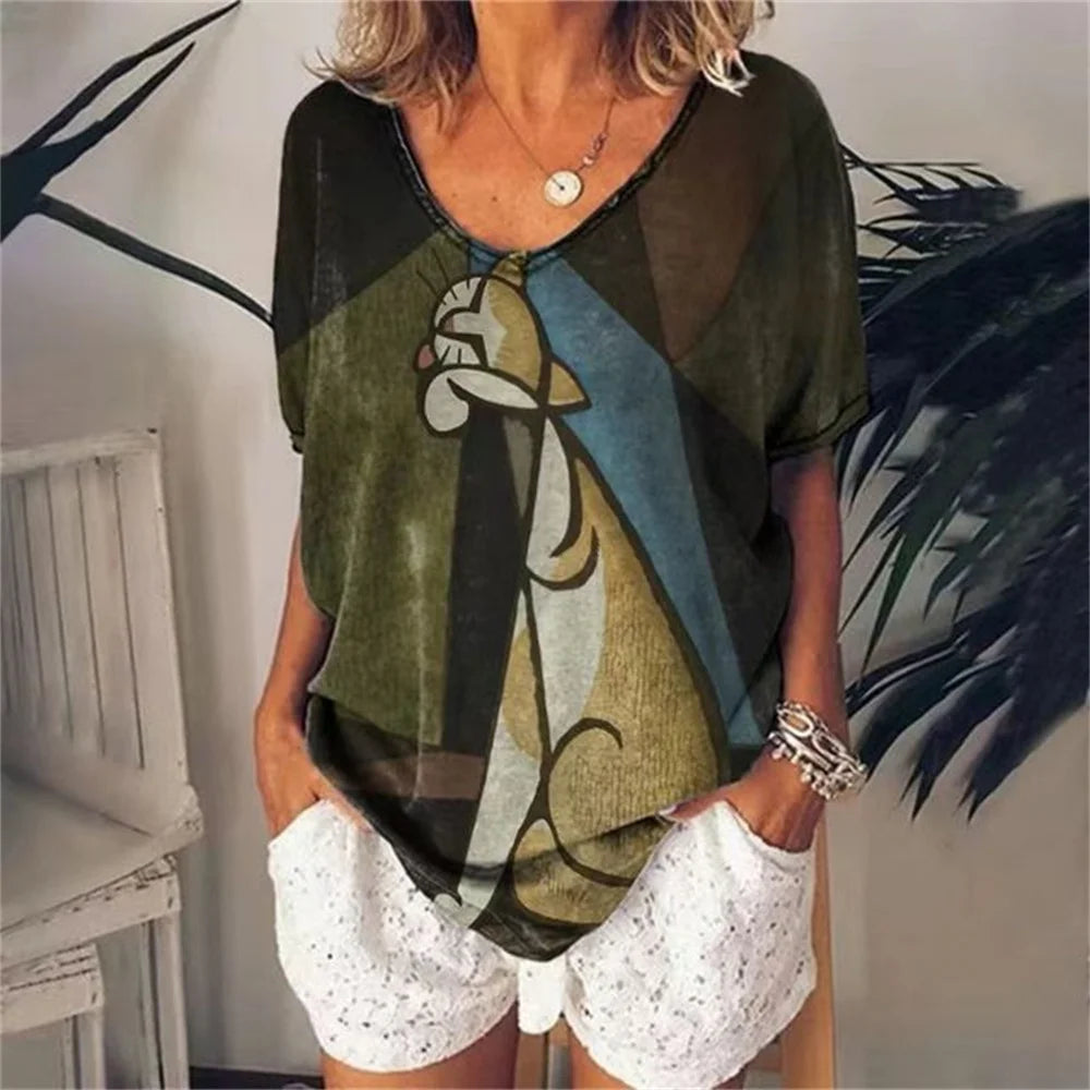 No-EN-Name-Null Women Knit V-Neck Medium Length Cute Cartoon Anime Cat Shaped Stretchable Cotton-Lycra Short Sleeved T-Shirts/Sizes: S-2XL/Colors-Green/Gray/Animal/Checkered/Floral