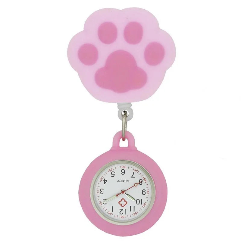 AIYOHI Quartz Analog-Digital Display Round Glass Face Silicone Covered Metal Alloy Case Cute Cartoon Animals-Fruit-Flowers-Cat Paw-Smiling Cloud Design Nurses-Doctors Retractable FOB Pocket Watches