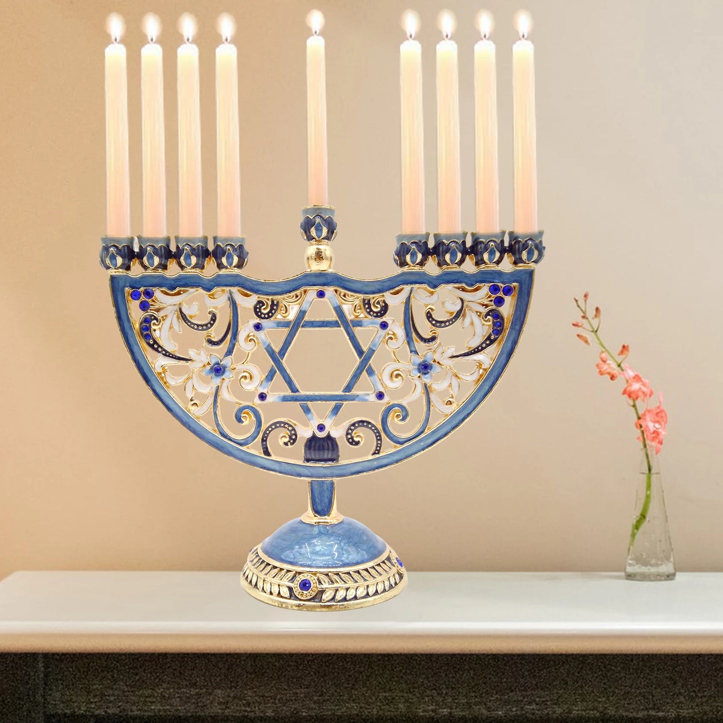 No-EN-Name-Null Antique Hand-Painted Bejeweled Menorah Jewish Nine Floral Branch Enameled Metal Candelabras/Colors-Green/Blue/Floral