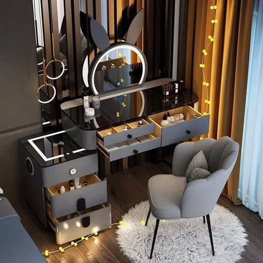 Modern Style White Adjustable LED Smart Touch-Controlled Lighted Round Mirror Black Tempered Glass Countertop Solid Pine Wood Draws Make-Up Vanities /2 USB Wireless Ports /Bluetooth Speakers/Colors-Black/Gray/White