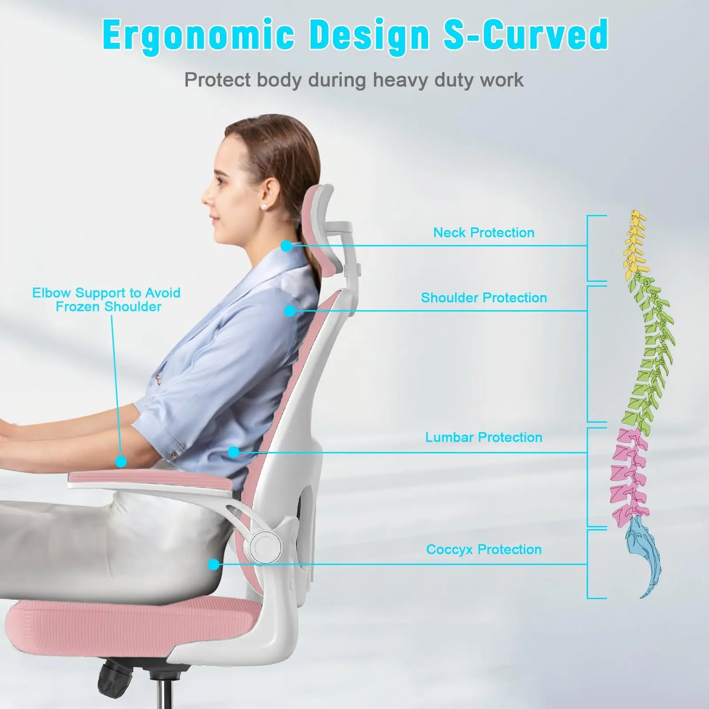 NASPALURO Pink Ergonomic Mesh High Back Flip-Up Armrest S-Shaped Curved Backrest-Five Adjustable Headrest-Foam Seat Depth-Lumbar Support White Aluminum Metal Base Gaming-Office Chairs/Colors-Pink/White/Black/ 4 Black Wheels