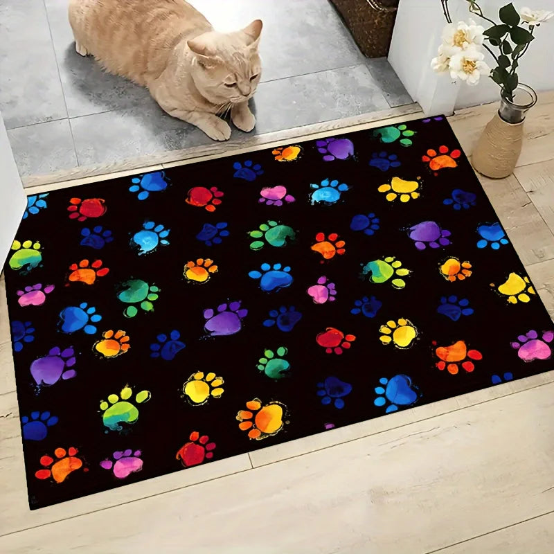 No-EN-Name-Null Indoor-Outdoor Adults Multicolor Rectangle Shaped Soft Polyester Fabric Persian Animals Paw Prints Design Anti-Slip Bottom Fade-Resistant Flannel Door Mats