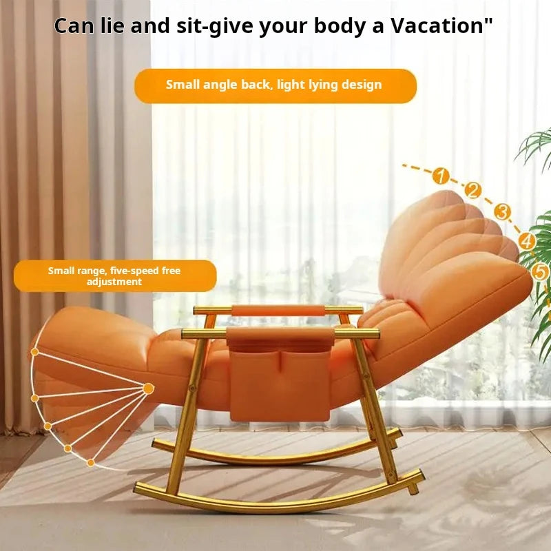 ANST Modern Adults Foldable-Adjustable Backrest-Five Gears Footrest-Armed Orange Faux Leather Polyester Fabric Triangle Stable Brackets Carbon Steel Base Nursery Rocking Chair/Colors-Orange/Blue/Pink/Gray