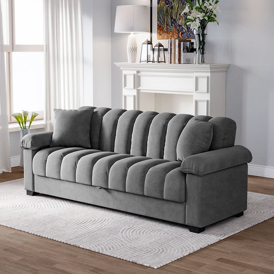 LIVINGANDHOME Modern Wood Framed Two Pillows Medium Soft Firmness Upholstered Cozy Grey Sleeper Plush Fabric Plastic Feet Sofas