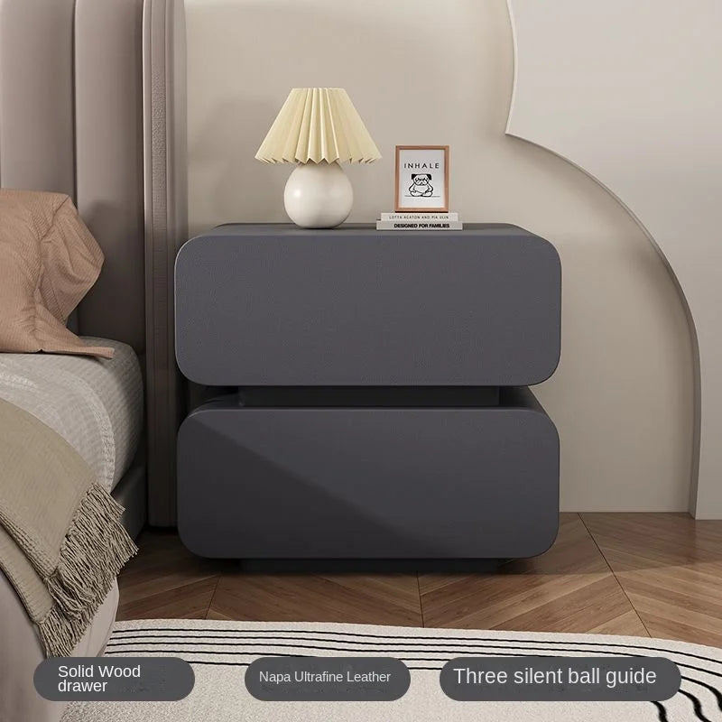 GUIG Modern Soft Microfiber Leather Abrasion-Scratch Resistant Curved Square Shaped Cream White Solid Wood Hidden Handles Two Drawers Nightstands/Colors-White/Dark Gray/Light Gray