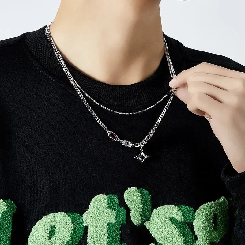 GUOLE Adults Fine Imitation Hip-Hop-Rock Style Silver Stainless Steel Metal Trim Four Pointed Star Black-Clear Crystal Mood Tracker Double-Layer Charm Pendant Chain Necklaces