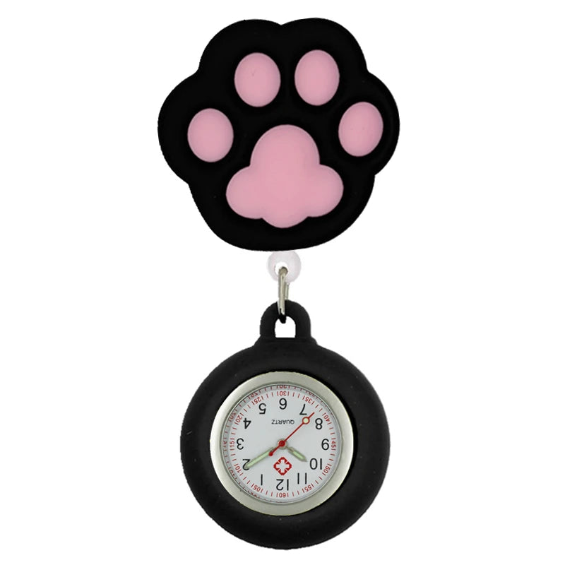 No-EN-Name-Null Adults Waterproof Cartoon Pink Big Cat Paw Metal Alloy Case Arabic Numeral Analog Display Clip-On Nurses-Doctors Fob Hanging Pocket Watches/Colors-White-Black Cat Heads/Yellow-Black-Pink Paws