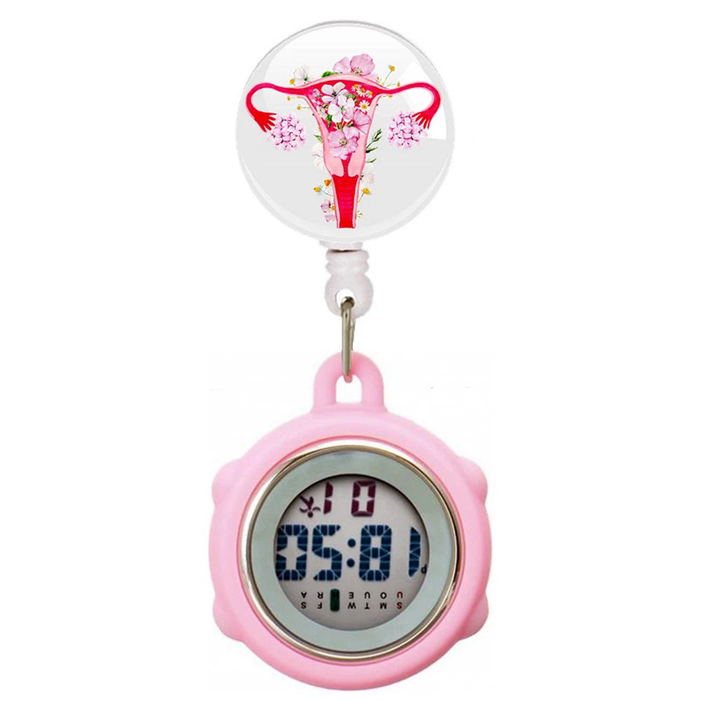 No-EN-Name-Null Waterproof Black Plastic Round Cover Glass Face Digital Display Retractable Printed Floral Anatomical Designs Nurse-Doctor Hanging Metal Alloy Fob Pocket Watches/Colors-Black/White/Pink/Blue