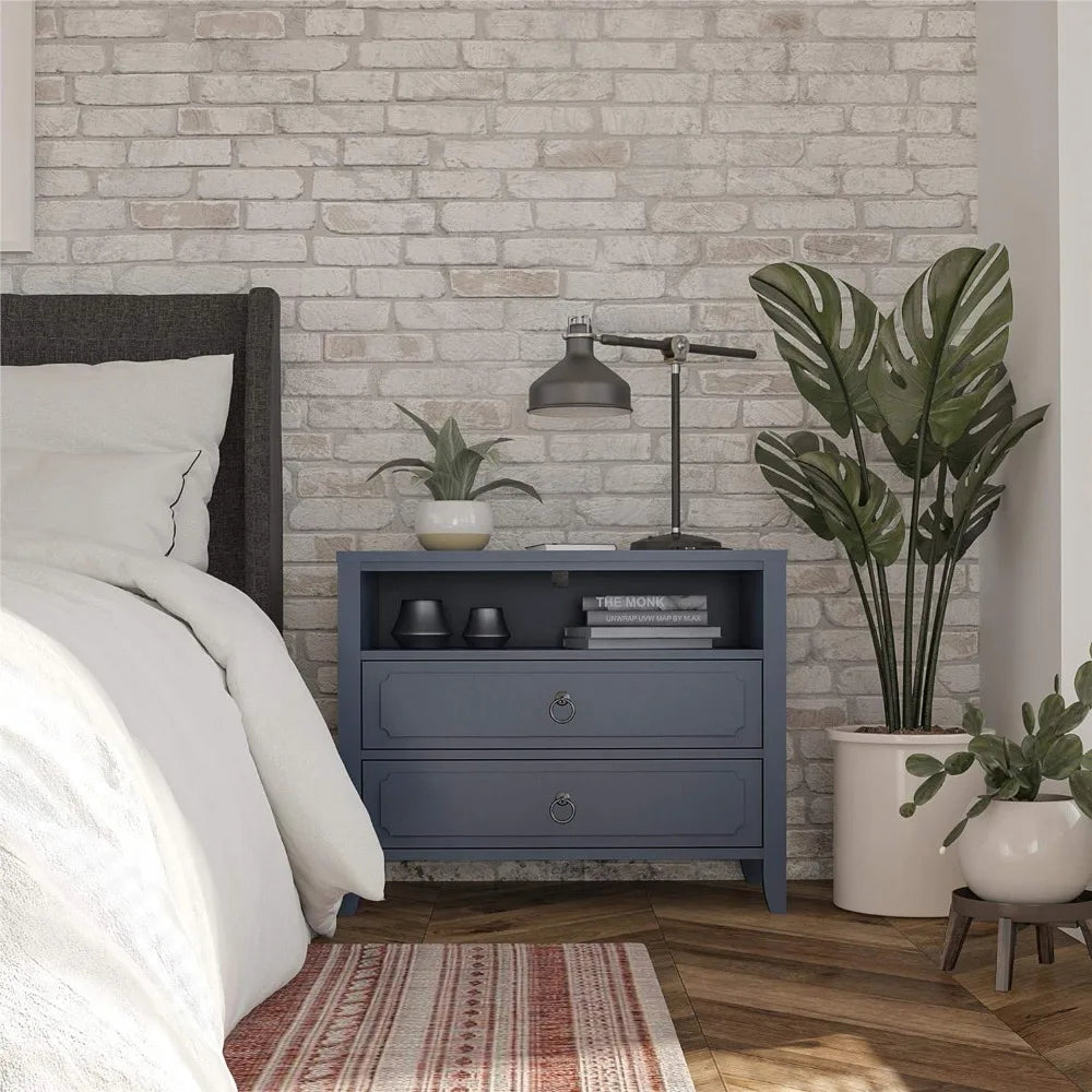 RUO WU Modern Her Majesty Blue Rectangle Shaped Solid Wood Two Drawers Bedside Nightstands/Colors-Mustard Yellow/Blue/Emerald Green/Lavender