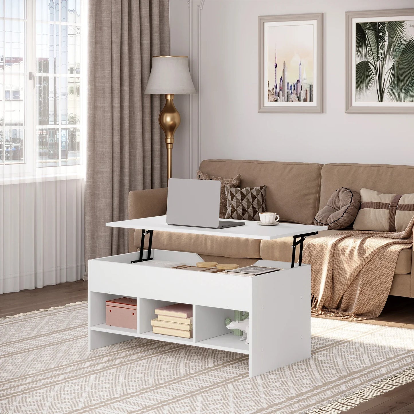 No-EN-Name-Null Modern White Pine Wood Rectangle Height-Adjustable Lift-Up Table-Top Four Large Storage Compartments Coffee Tables