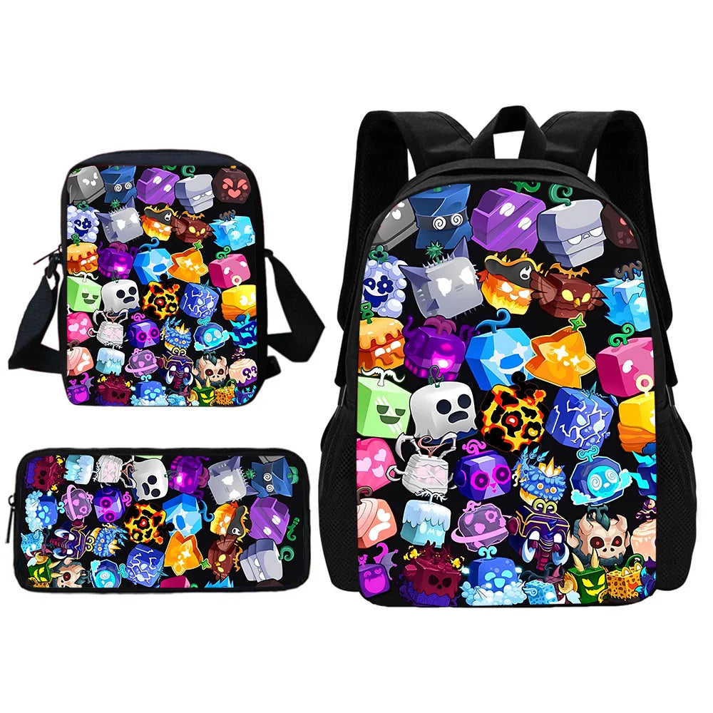 TOPTOY Kids Large Waterproof Multicolor Nylon Fabric Cartoon Smiling Fruit Critters Double Zippers Polyester Lining Shoulder Straps-Handle School Backpacks Sets/Pencil Bags/External Pockets/Colors-Multicolor/Black/Purple