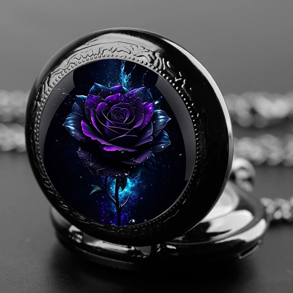 SHUHANG Adults Antique Quartz Digital Display Black Round Shaped Stainless Steel Metal Case Acrylic Face Painted Red Rose Green Leaves Design Black Chain-Pocket Watches