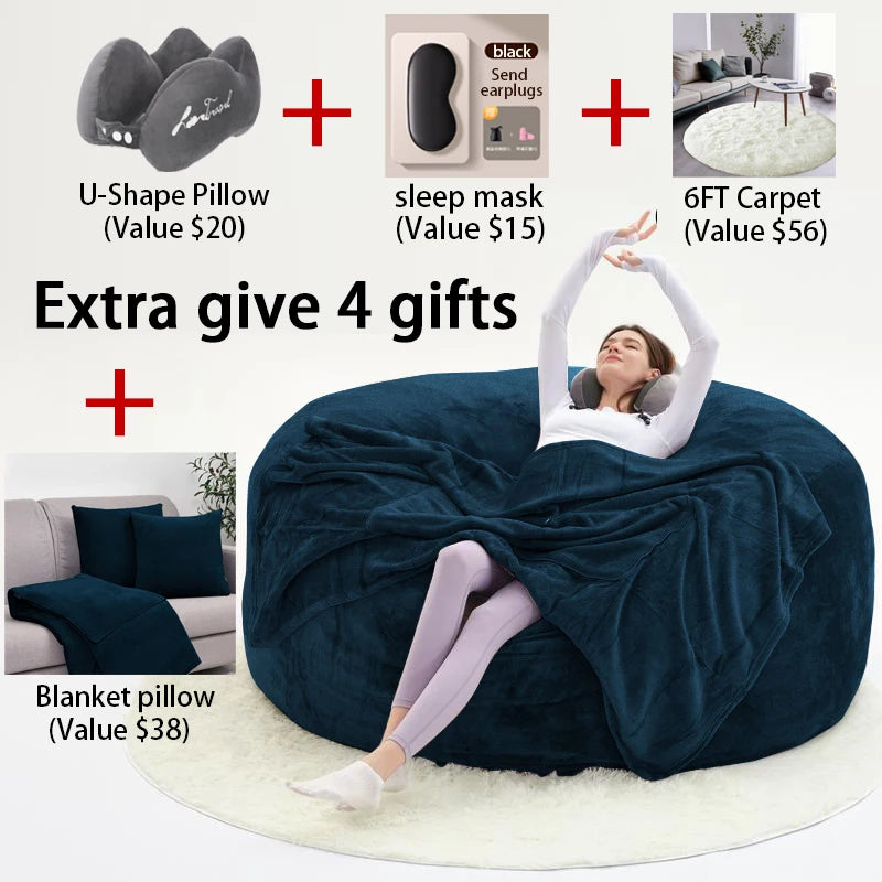No-EN-Name-Null Modern Italian Design Large Three Seat Soft Plush Brown Round PU Polyester-Flannel Fabric Bean Bag Chairs/Zippered /Removable-Washable Cover/Extra 4 Gifts Included/ Sponge Filler Included /Colors-Gray/Beige/Brown/Blue/Black