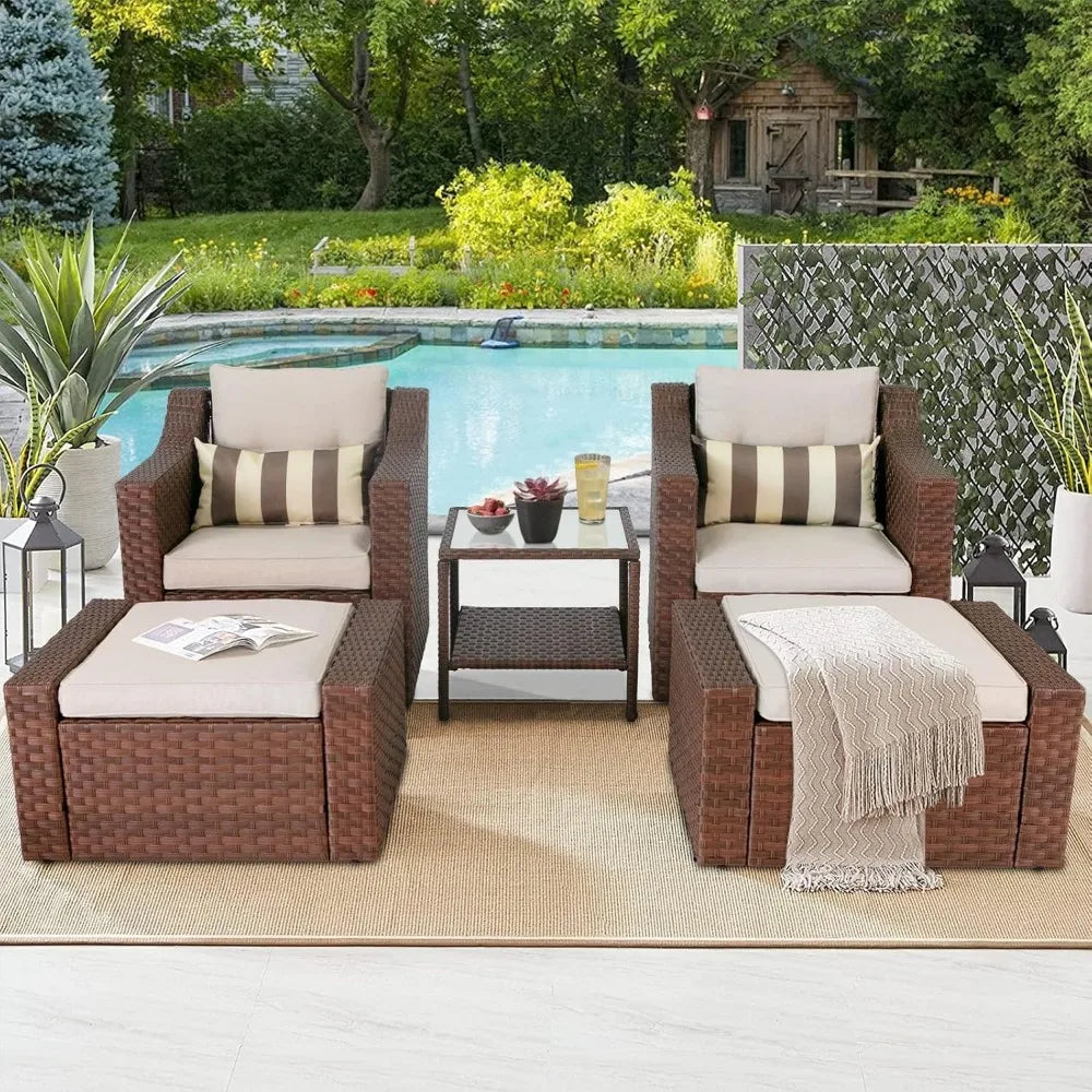 No-EN-Name-Null Outdoor Modern Manhattan Series 7-PCS All-Weather Brown Rattan Wicker Iron Metal Frame Patio Furniture Sets/2 Chairs /2 Ottoman/Loveseat /Glass Top End-Coffee Tables/ Striped Pillows/Colors-Beige/Brown/Striped/Multicolor