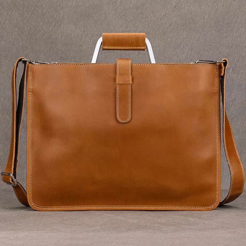 NEWSBIRDS Adult Unisex Modern Two Handles-One Shoulder Strap Rectangle Brown-Black Cowhide Leather Metal Zipper Polyester Lining A4 File Documents Built-In 14 Inch Laptop Single Compartment Business Handbags