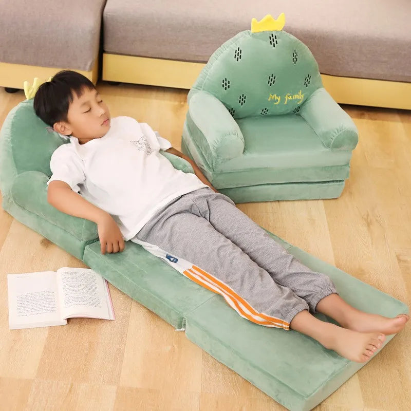 MDNG Modern Kids Customized Upholstered Padding Cute Soft Gray Velvet Fabric Cartoon Animal Faces Folding-Out Play Arm Chairs/Sponge Filling/Colors-Green/Pink/Yellow/Gray/Animals